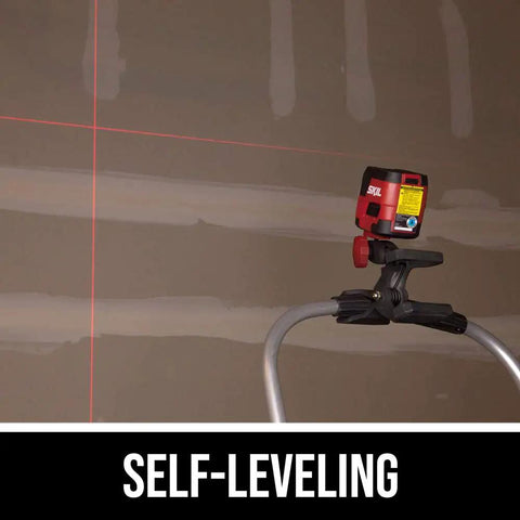 50 Ft Red Self Leveling Cross Line Laser Level projecting red lines on wall with clamp