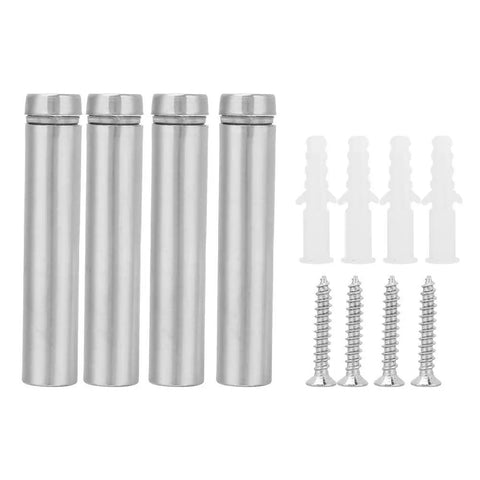 Four Pack Stainless Steel Glass Standoff Kit With Screws For Wall Displays Durable Hollow Glass Holders For Artwork And Signage Ideal For Home Office Retail Displays Glass Shelves And Framed Signs Self Tapping Screws Included 12x60mm Mounts, four silver standoffs and screws