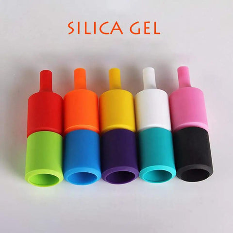Colorful silica gel bottle stoppers in red, orange, yellow, white, and pink, each with contrasting color bases on gray background.