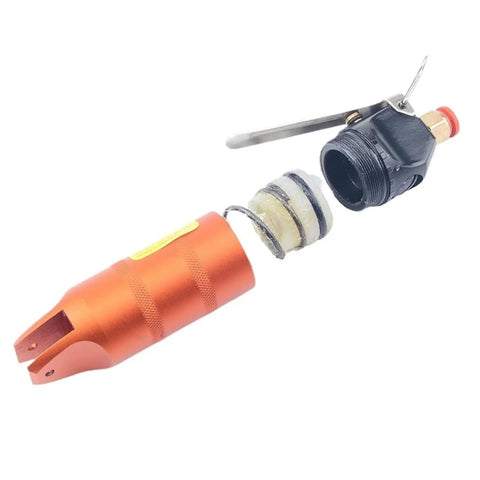 Snazzy Pneumatic Air Scissors With S4 Blades, showcasing orange aluminum body and black fittings for heavy metal cutting.