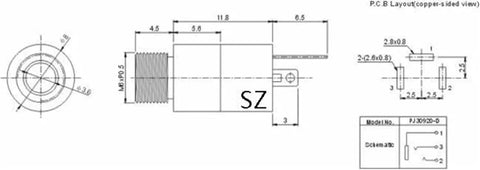 Technical drawing of 3.5mm stereo audio jack connector dimensions for panel mount applications.