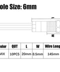 Ten Pack 6mm LED Indicator Lights For 12 To 24V AC DC Waterproof Signal Lamp diagram showing dimensions and wire length
