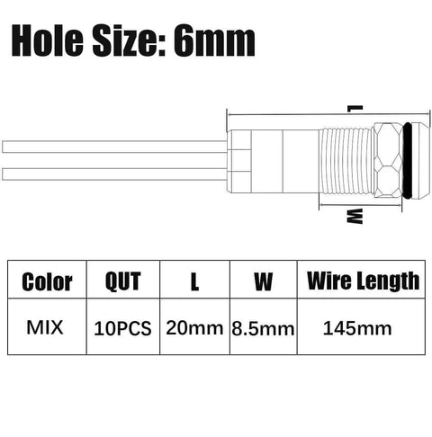 Ten Pack 6mm LED Indicator Lights For 12 To 24V AC DC Waterproof Signal Lamp diagram showing dimensions and wire length