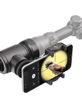 Rifle Scope Mount Smartphone Camera Adapter for Hunting and Birding, aluminum build, attached to scope, showing bird image on phone