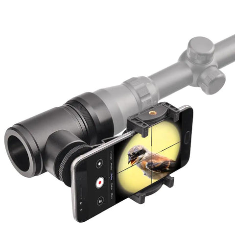 Rifle Scope Mount Smartphone Camera Adapter for Hunting and Birding, aluminum build, attached to scope, showing bird image on phone