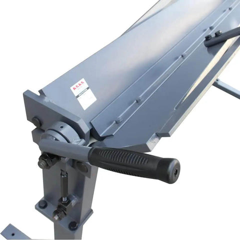 Side view of a 72 Inch Sheet Metal Brake for 22 Gauge Mild Steel, Adjustable 0 to 120 Degrees, Heavy Duty Metal Bender, close-up on handle.