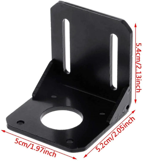 Front view of black metal Nema 17 stepper motor mounting bracket with slotted vertical plate.