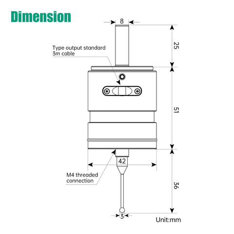 CNC Edge Finder WP500 High Accuracy 0.001mm Trigger Locator dimensions diagram with measurements in mm.