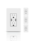 4 Pack USB Charger In Wall Outlet With Dual USB Ports 4.8A Total Output, 15 Amp Tamper Resistant Receptacle, shown in white