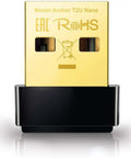 Front view of Nano AC600 USB WiFi Adapter Archer T2U Nano Dual Band USB Network Transceiver, compact design, black and gold finish.