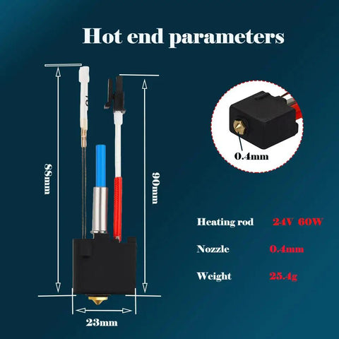 Diagram of Hot End Replacement Kit For 3D Printer Extruder with dimensions and features shown.