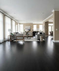 Modern living room with charcoal stained wood floor using Real Deal Charcoal Reactive Water Based Interior Wood Stain.