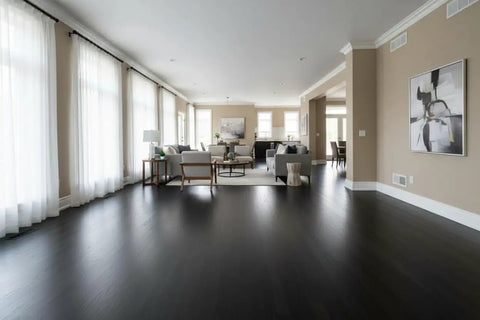 Modern living room with charcoal stained wood floor using Real Deal Charcoal Reactive Water Based Interior Wood Stain.