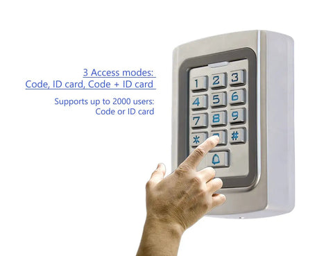 Hand using IP68 Waterproof Digital Wired Keypad in tough metal case for outdoor gates and garage doors 12V or 24V DC power