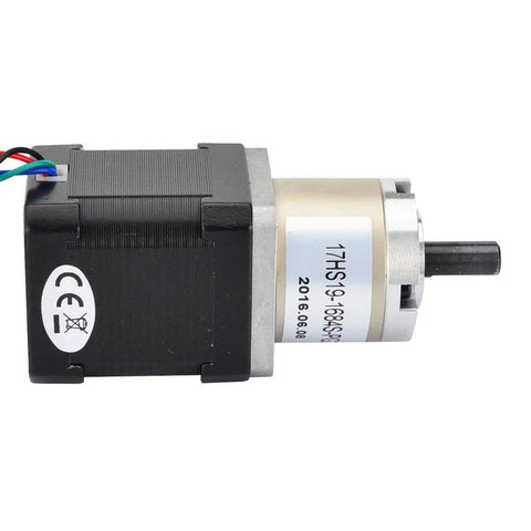 Nema 17 stepper motor with 27:1 planetary gearbox, side view, black housing, exposed output shaft