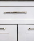 10 Pack Polished Nickel Cabinet Pulls, 3-3/4 Inch 96mm Length, shown on white kitchen cabinets.