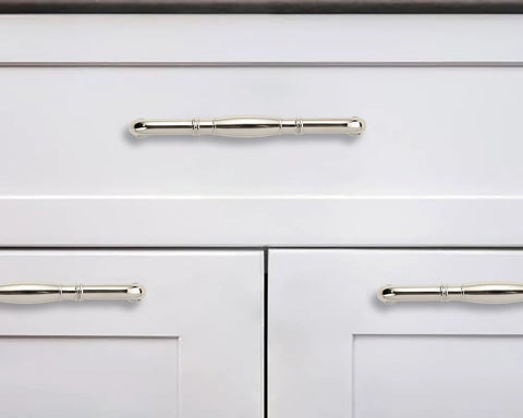 10 Pack Polished Nickel Cabinet Pulls, 3-3/4 Inch 96mm Length, shown on white kitchen cabinets.