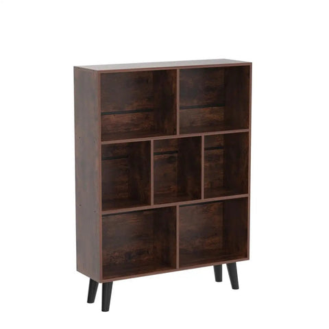 Three Tier Cube Bookshelf With Legs In Rustic Brown Mid Century Modern Style Dope Space Saving Open Bookcase With Retro Wood Look