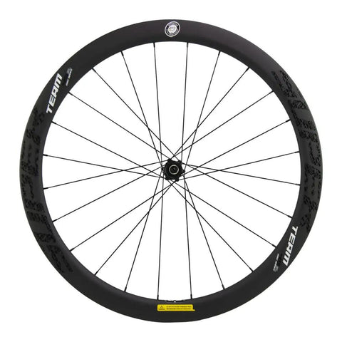 Front view of 45mm Carbon Tubeless Wheelset for Disc Brake Road Bikes with 25mm inner width, no paint finish, Shimano compatible.