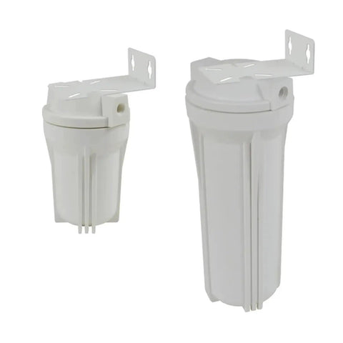 Two Pack Stainless Steel Water Filter Housing Brackets For 10 Inch And 20 Inch Systems with mounted white filter housings