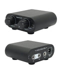 Two Channel 3.5mm Stereo Mini Headphone Mixer with Dual Inputs and 3.5mm Aux Output, featuring volume knobs and ports