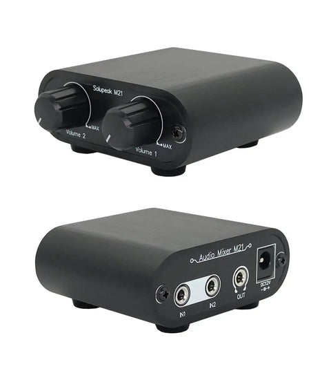 Two Channel 3.5mm Stereo Mini Headphone Mixer with Dual Inputs and 3.5mm Aux Output, featuring volume knobs and ports