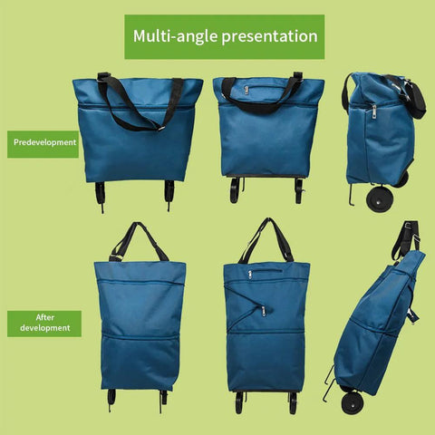 Collapsible Shopping Cart With 360 Degree Swivel Wheels For Travel And Home in Lake Blue, multi-angle view of portable folding trolley.