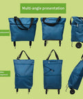 Collapsible Shopping Cart With 360 Degree Swivel Wheels, multi-angle view, folded and expanded, lake blue, ideal for groceries and travel.