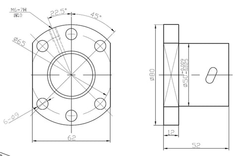 Technical drawing of Ball Screw Nut For SFU3205 And SFU3210 With 5 Or 10 Mm Pitch showing dimensions and specifications.