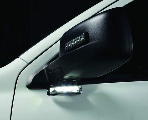 MicroPulse Wide Angle Perimeter Warning LED Light With 180 Degree Spread mounted on vehicle side mirror
