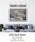 4-Light Vanity Light Fixture In Satin Nickel With Hammered Glass Shades over wall painting in modern living room setting
