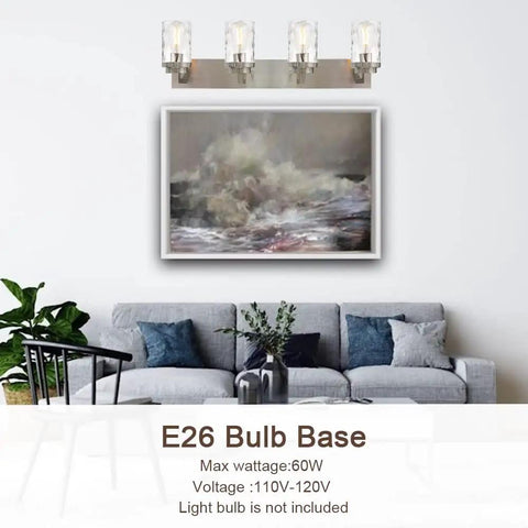 4-Light Vanity Light Fixture In Satin Nickel With Hammered Glass Shades over wall painting in modern living room setting