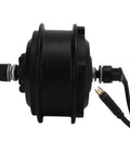Side view of Street-Ready Powerhouse 36V 250W Waterproof Front Wheel Hub Motor Kit for E-Bikes, black with connectors visible.