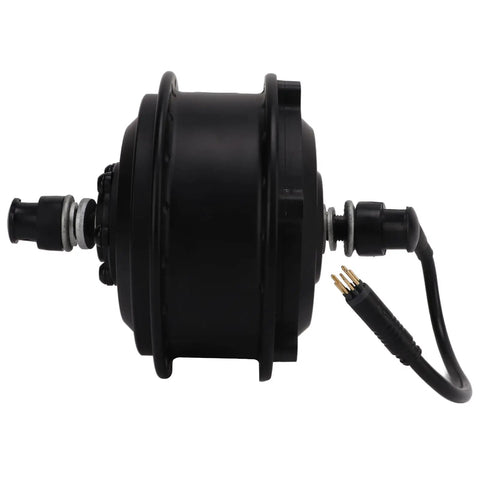 Side view of Street-Ready Powerhouse 36V 250W Waterproof Front Wheel Hub Motor Kit for E-Bikes, black with connectors visible.