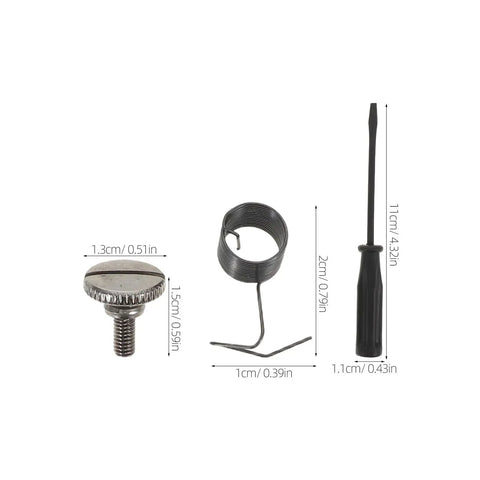 Sewing Machine Parts Screws Kit With Metal Bobbin Case Spring And Replacement Needle Plate Screws For Enhanced Sewing Efficiency And Smooth Machine Operation In Workshop, showing 11cm screwdriver, spring and screw