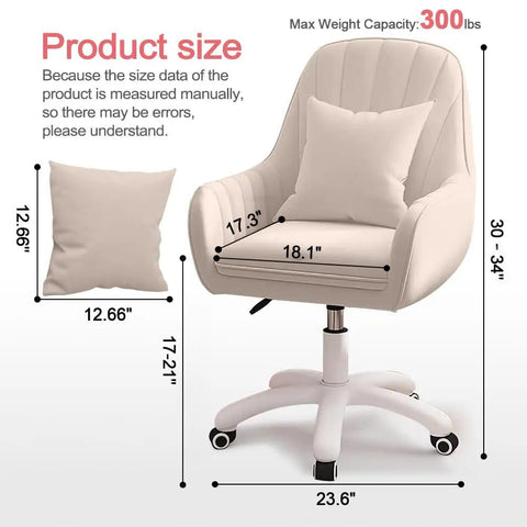 Cozy Velvet Desk Chair With Pillow Upholstered Vanity Chair For Girls And Women, Home Office Computer Task Chair dimensions chart