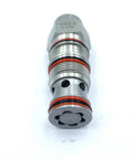 Hydraulic threaded cartridge valve, CBEA-LHN balance/reversing pressure valve, metal body with red O-rings (front view).