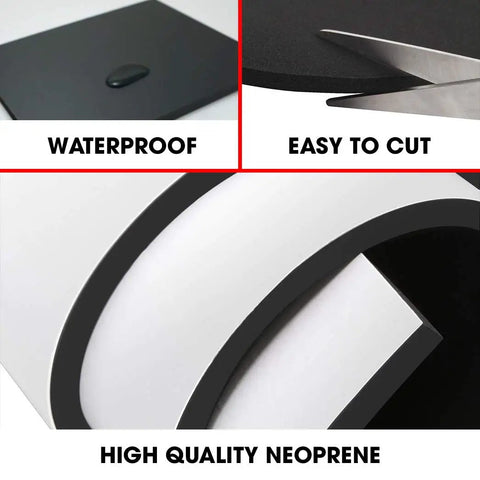 Straight Up Heavy Duty Neoprene Foam Rubber Roll With Reliable Adhesive Backing For Soundproofing Cosplay Props And Flexible Diy Projects showing waterproof and easy to cut features.