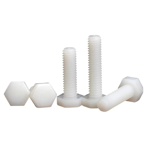 Top Shelf M8x15 Nylon Hex Head Screw Bolt Nut And Washer Assortment Kit 10 Piece Pack featuring white nylon threaded bolts and hex nuts.