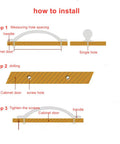 Installation guide for Invisible Aluminum Drawer Handle For Cabinets And Dressers showing measuring, drilling, and screw tightening steps.