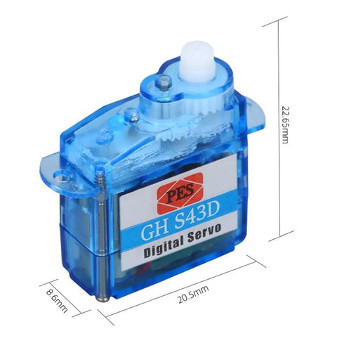 Ultra Light Micro Coreless Digital Servo GH S43D 4.3g for RC Planes, 22.65mm height, blue casing with PES label, side view