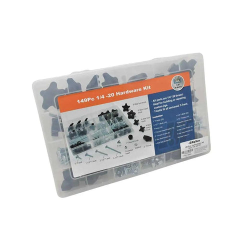 149 Piece Universal T Track and Jig Hardware Kit Featuring 1/4 Inch 20 TPI T Bolts in clear carry case with dividers