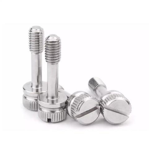 Premium Knurled Shoulder M5 Captive Panel Screws Designed For No Hassle Reassembly And Absolute Zero Dropped Hardware In Tough Rust Proof Stainless Steel Fastener Set Of 6, showing four screws with knurled shoulders.