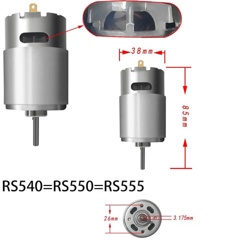 Two Pack High Speed RS550 Motors For Power Wheels Ride On Toys 12V 24V Upgrade Replacement Parts With 40000 RPM And 8 To 16T Gear Options For A Fast Kid Friendly Power Wheels Upgrade, showing dimensions and design details