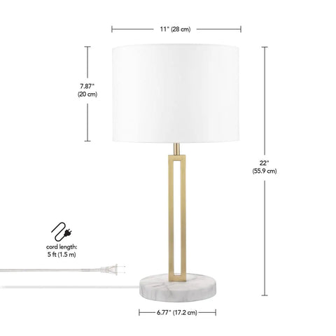 Paloma Table Lamp By Novogratz X Globe, 22" height, matte brass finish with white faux marble base and fabric shade
