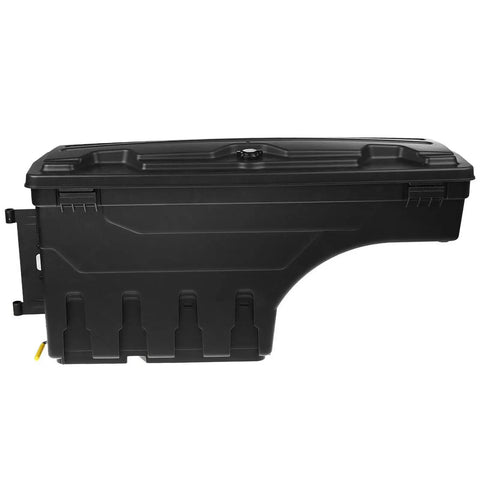 Heavy Duty Left Side Mount Tool Box For Ram 1500 Truck Bed Storage In Solid Black, side view showcasing rugged design.