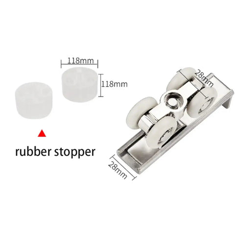 Rock Solid 4 Pack Zinc Alloy Sliding Door Rollers Heavy Duty Double Wheel Pulleys with rubber stoppers measuring 118mm and 28mm.