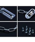 Four Piece Door Chain Lock Set With Six Screws Premium Stainless Steel Chain Locks For Inside Doors High Security Anti Theft Chain Lock System Allowing The Door To Open Slightly To Check Outside Durable Stainless Construction shown in multiple close-up angles.
