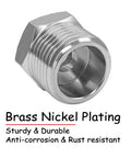 Close-up of brass nickel-plated compression reducer fitting, 1/2-in male to 3/8-in female for faucet supply lines