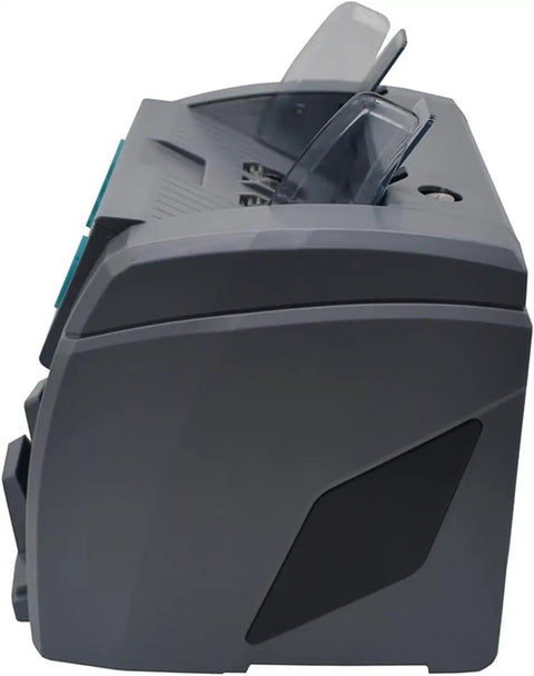 Side view of Top Shelf Mixed Denomination Money Counter With Auto Currency ID And Smart Counterfeit Detector for banks and restaurants.